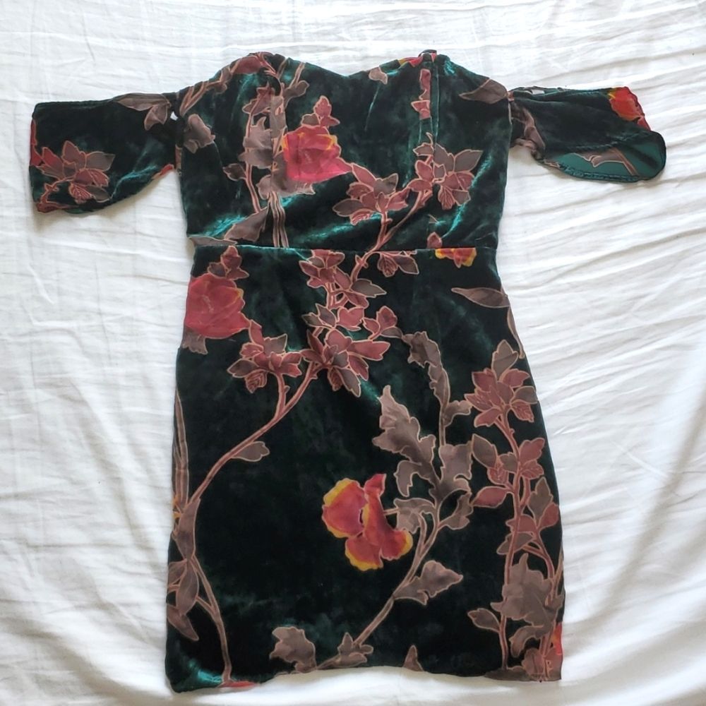 Forever 21 Black Velvet Floral Off-Shoulder Dress with Pink and Yellow Flowers